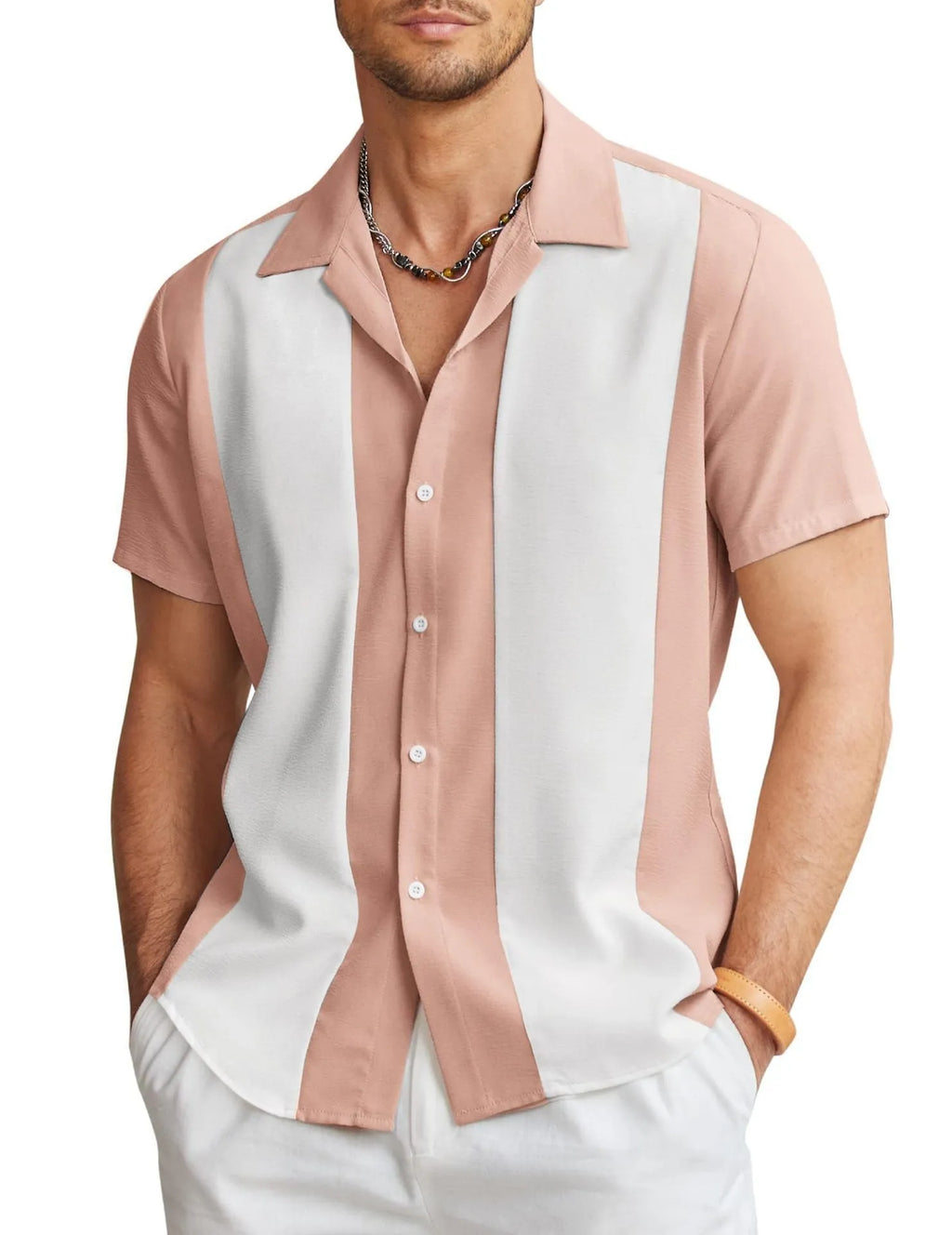 Men's slim fit Hawaiian short sleeve shirt with digital printed pattern on elastic polyester fabric
