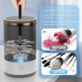 Automatic rotating makeup brush cleaner in grey or white, 16 x 9cm, with USB power cord and one-key control switch.