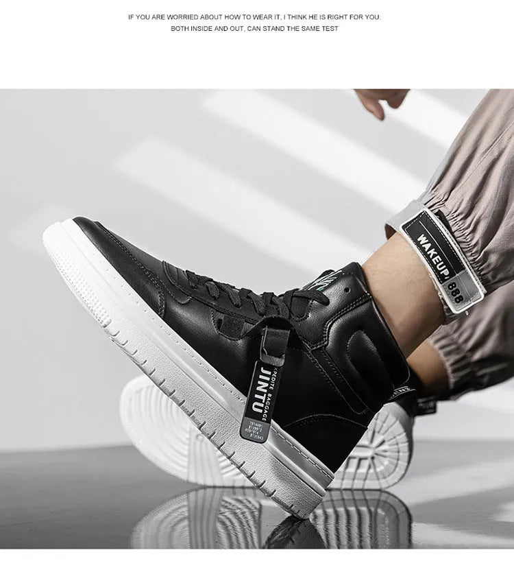 Men's Korean style short boots in white with faux leather upper, side view showing clean silhouette