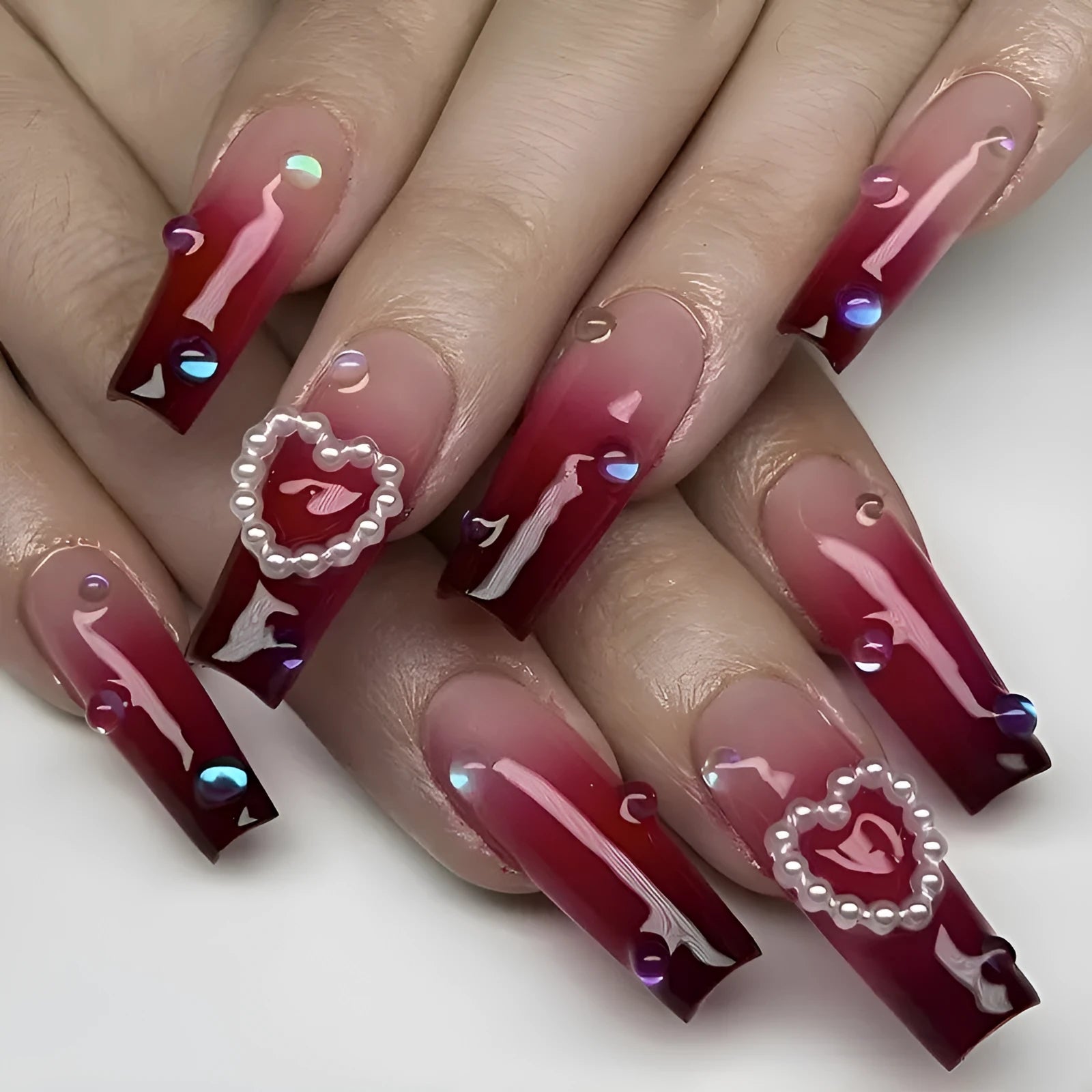 Wine red gradient false nail tips with plaid pattern in long ballet style with jelly glue
