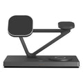 A compact white five-in-one wireless charging station with a magnetic phone bracket, watch charger, and night light.