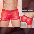 Nylon lace men's boxers in black, shown laid flat to display design and free size fit.