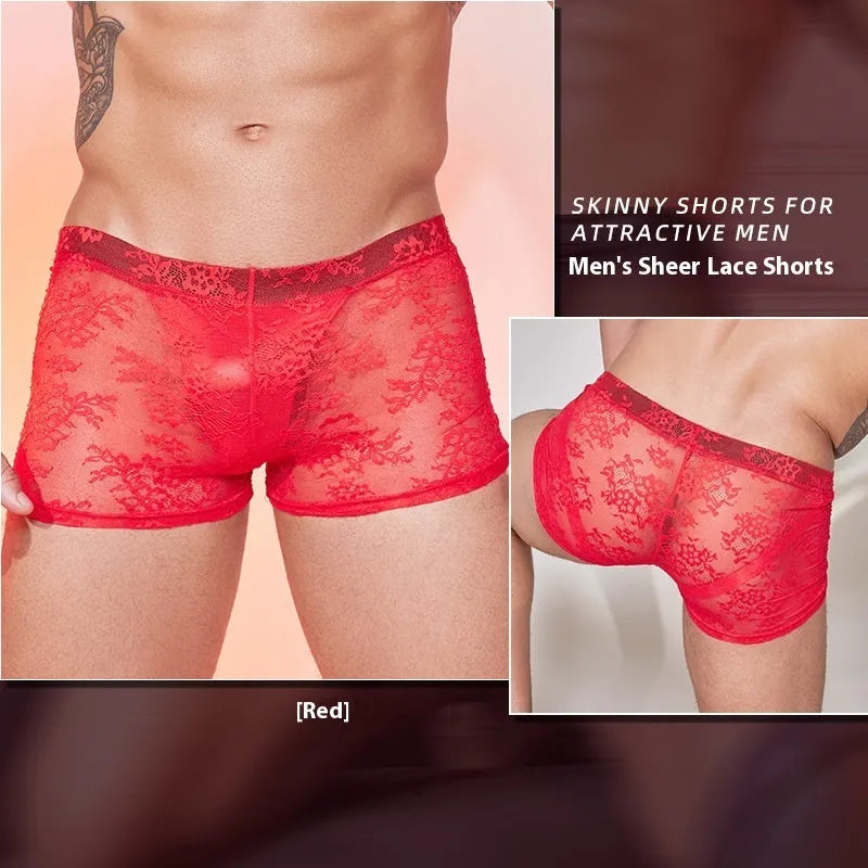 Nylon lace men's boxers in black, shown laid flat to display design and free size fit.