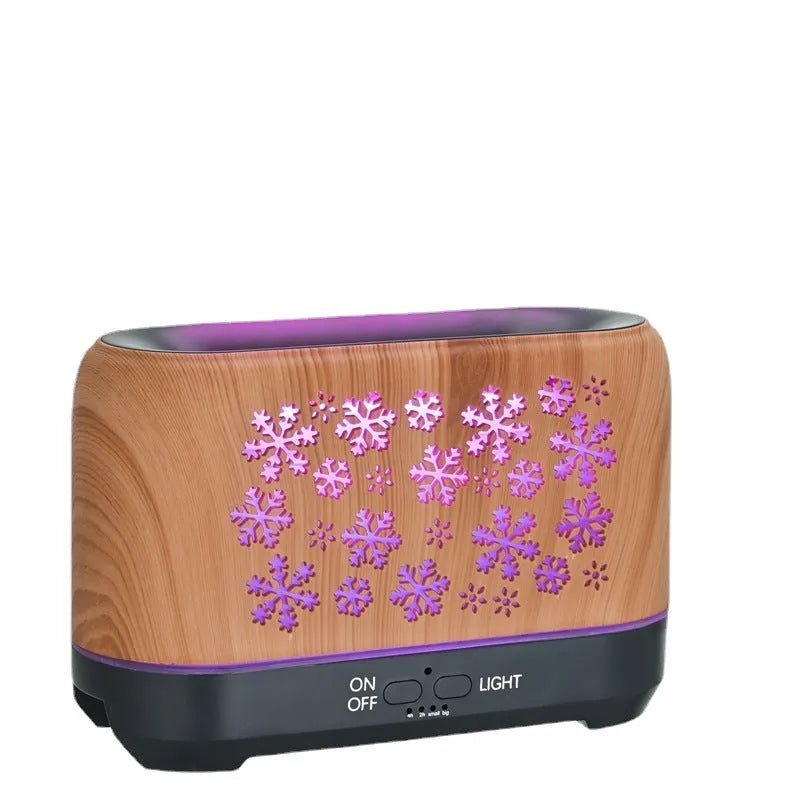 Square desktop aromatherapy humidifier with colourful snowflake wood grain pattern and flame effect lighting