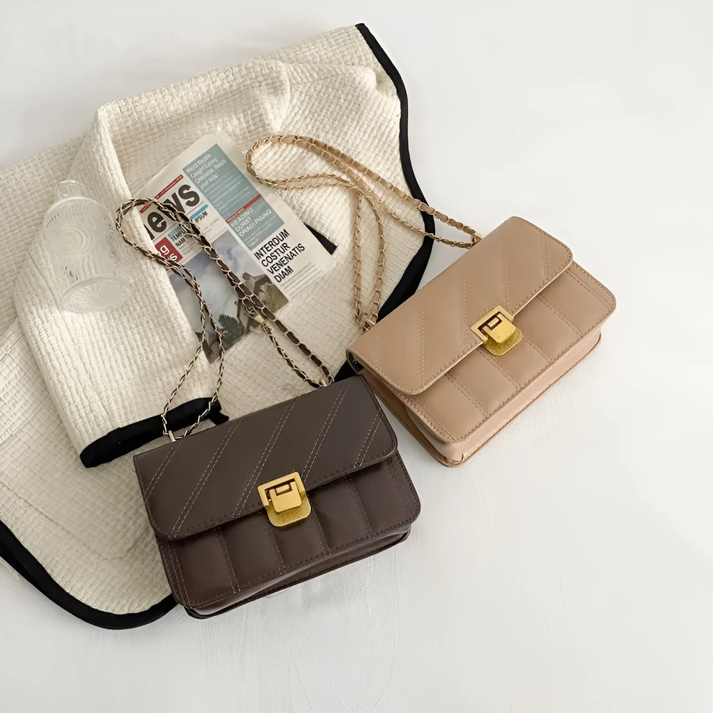 Small square PU shoulder bag with chain detail, single strap, soft horizontal crossbody in white black coffee khaki