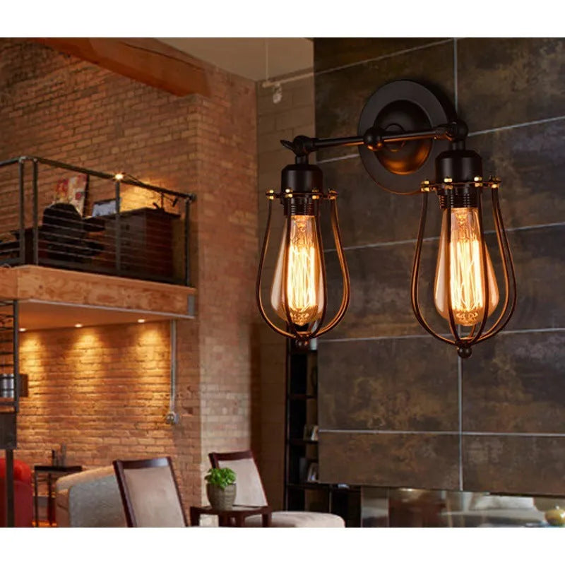 Retro industrial LOFT wall lamp iron construction double head without bulb for corridor staircase aisle