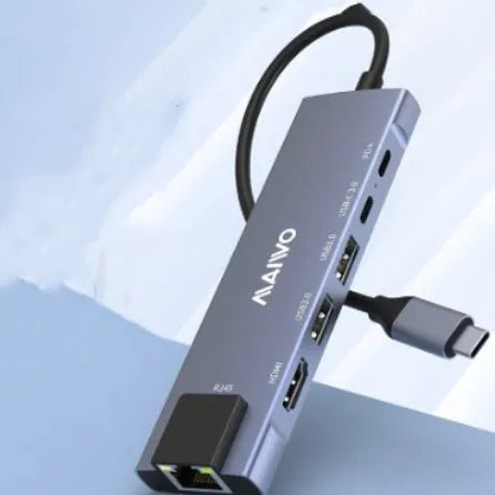 Steam Deck six-in-one aluminium docking station with Type-C cable, HDMI, USB, and Ethernet ports.