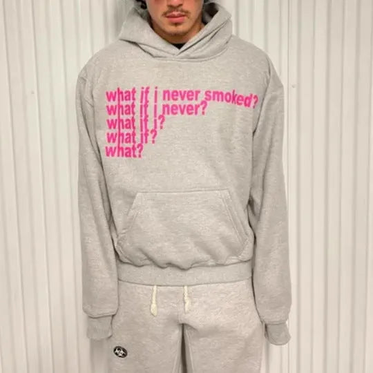 Black hooded pullover sweatshirt with white letter print pattern on the front.