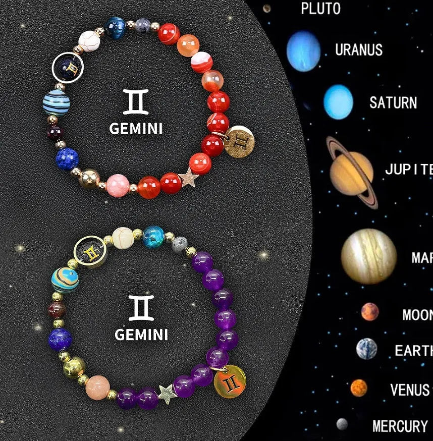 Set of twelve natural stone beaded bracelets, each representing a different zodiac sign.