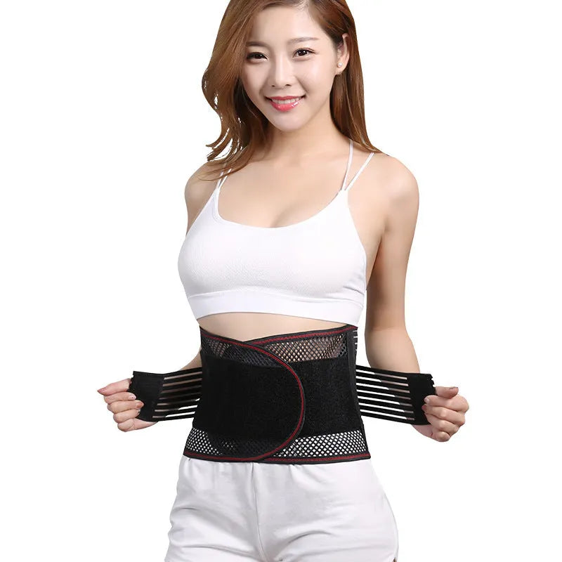 Black breathable sports waist support belt with an internal steel plate for lumbar protection during fitness activities.