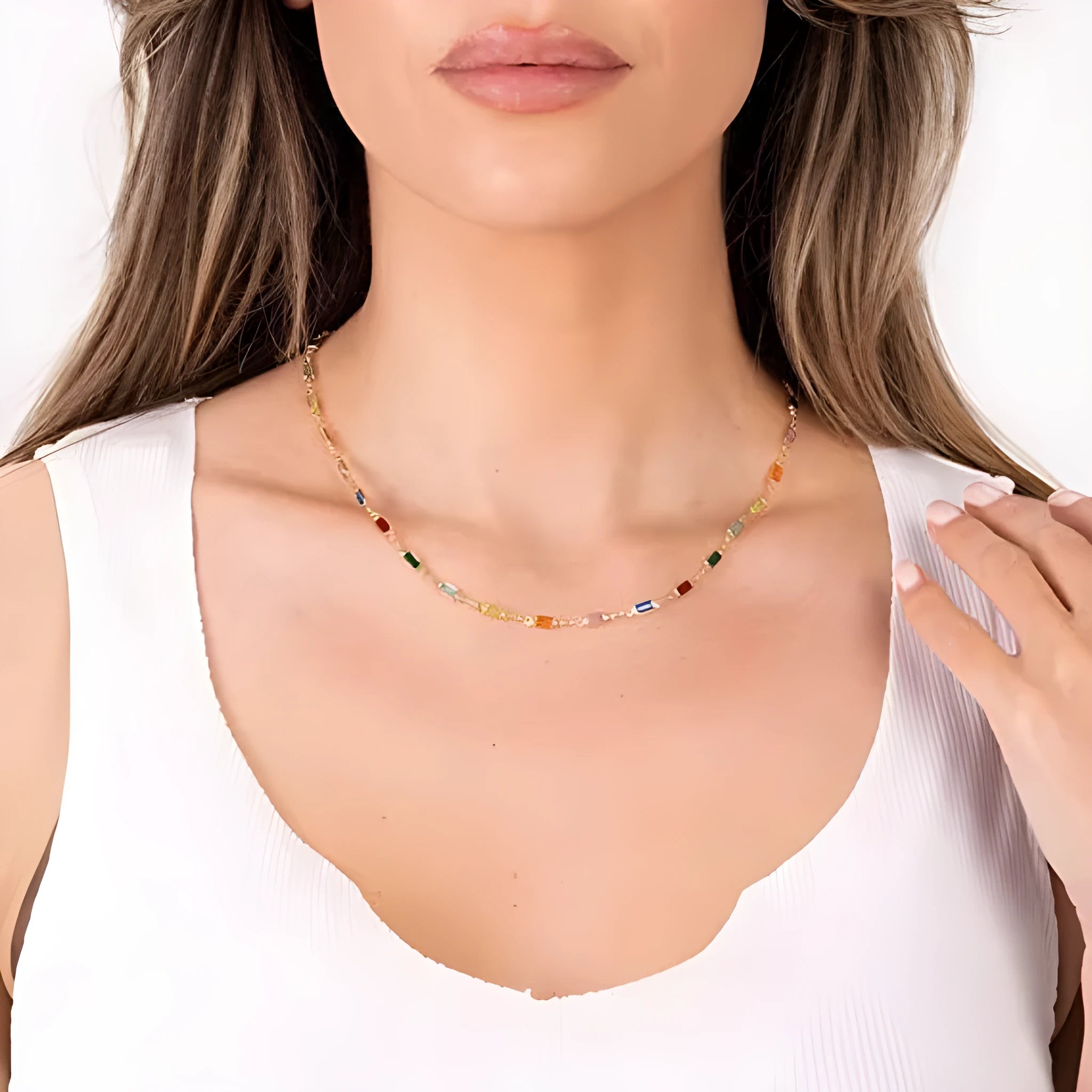 Geometric ladies alloy necklace with coloured glass pendant on a 41-50cm chain.