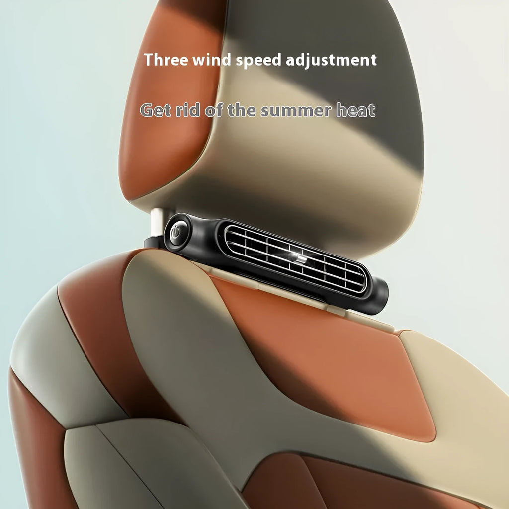 Creative New bladeless car fan with Velcro straps mounted on a car seat headrest.
