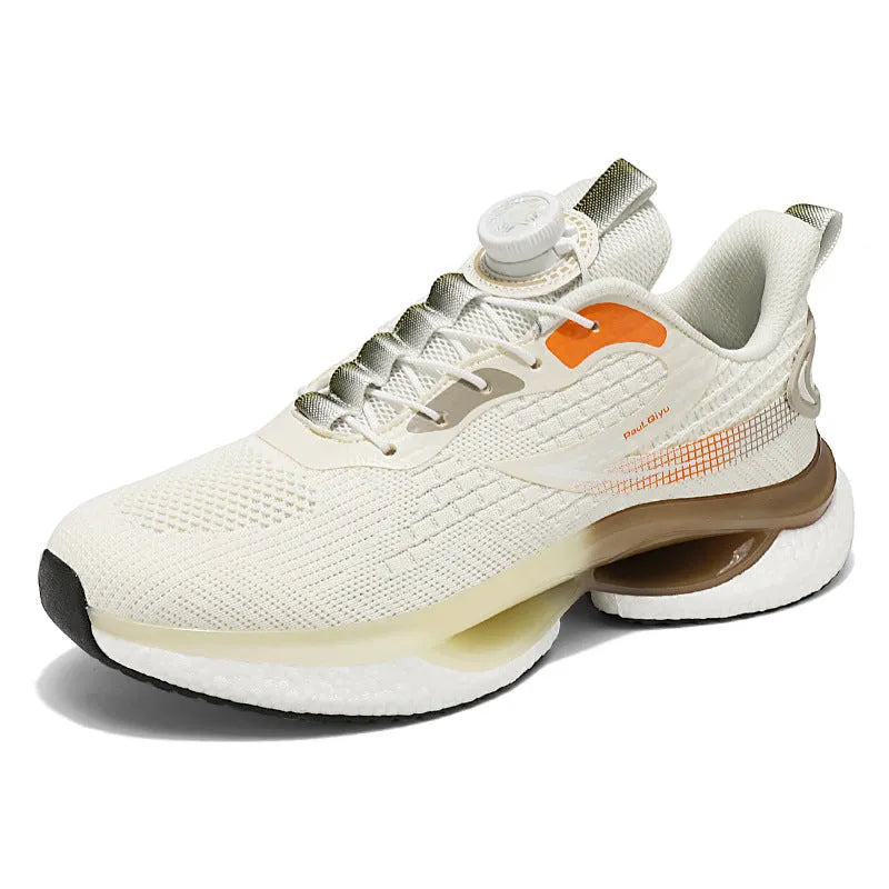 Low-top white running shoes with a rotating button buckle on a breathable mesh upper and a textured TPU sole.