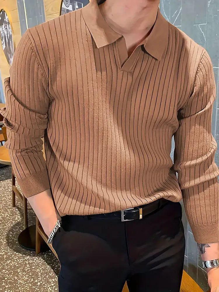 Men's slim fit waffle texture long sleeve knit polo shirt in dark green, front view