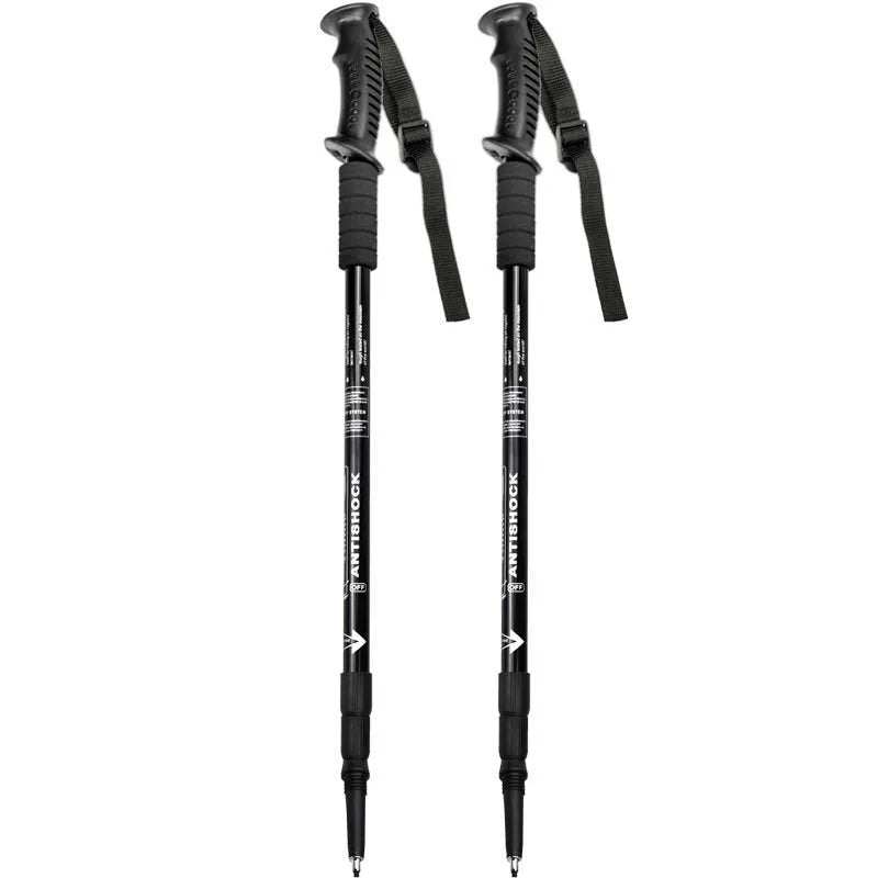 A pair of adjustable aluminium trekking poles with a three straight handle, shown with mud supports, snow holders, and foot covers.