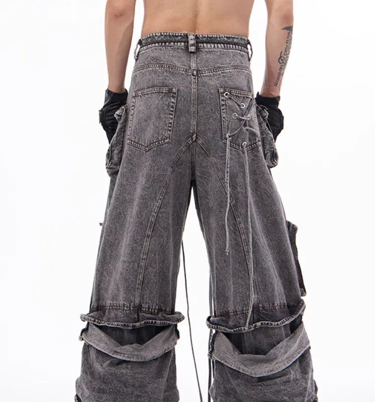 Grey denim distressed overalls with rope stitching and mop pants design