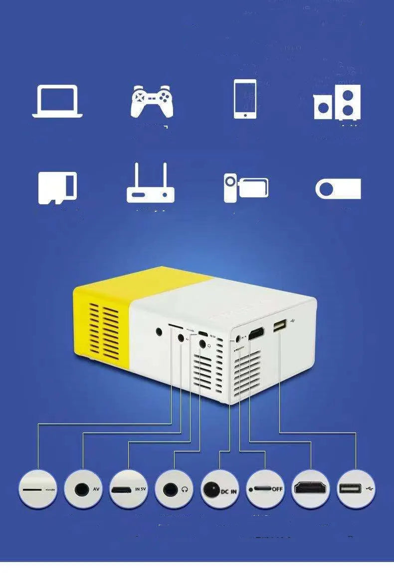 Micro mini LED portable projector in yellow and white, blue and white, or black and white with remote control, power adapter, and AV cable