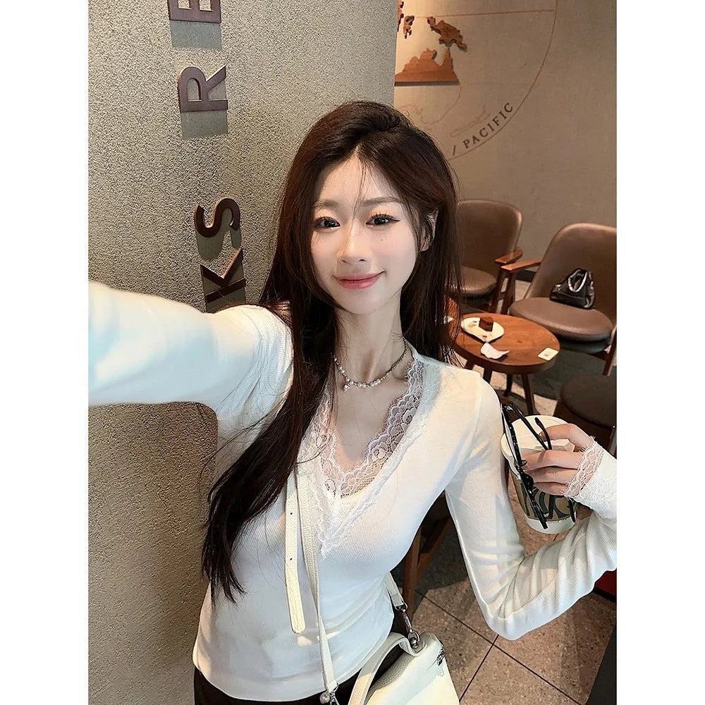 White V-neck Dralon lace stitching brushed long sleeve knitted top for women, slim fit, polyester, front view