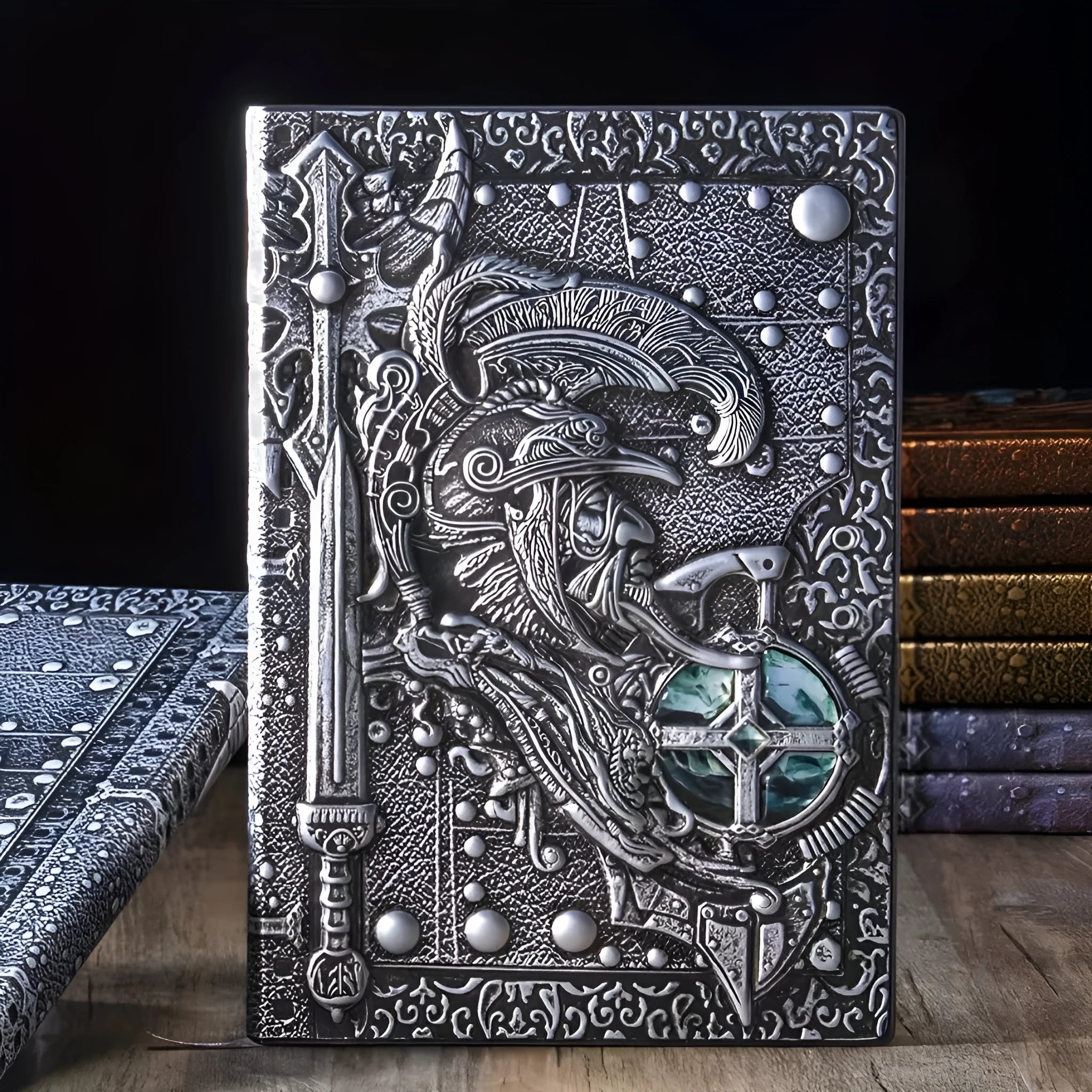 Handmade leather A5 notebook with 3D warriors relief embossing on the cover in bronze colour
