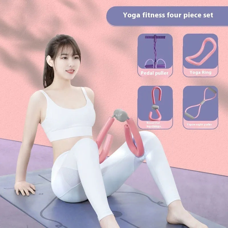 Yoga four-piece set with leg beauty device, yoga ring, pedal tensioner, and figure-eight rope for stretching and fitness