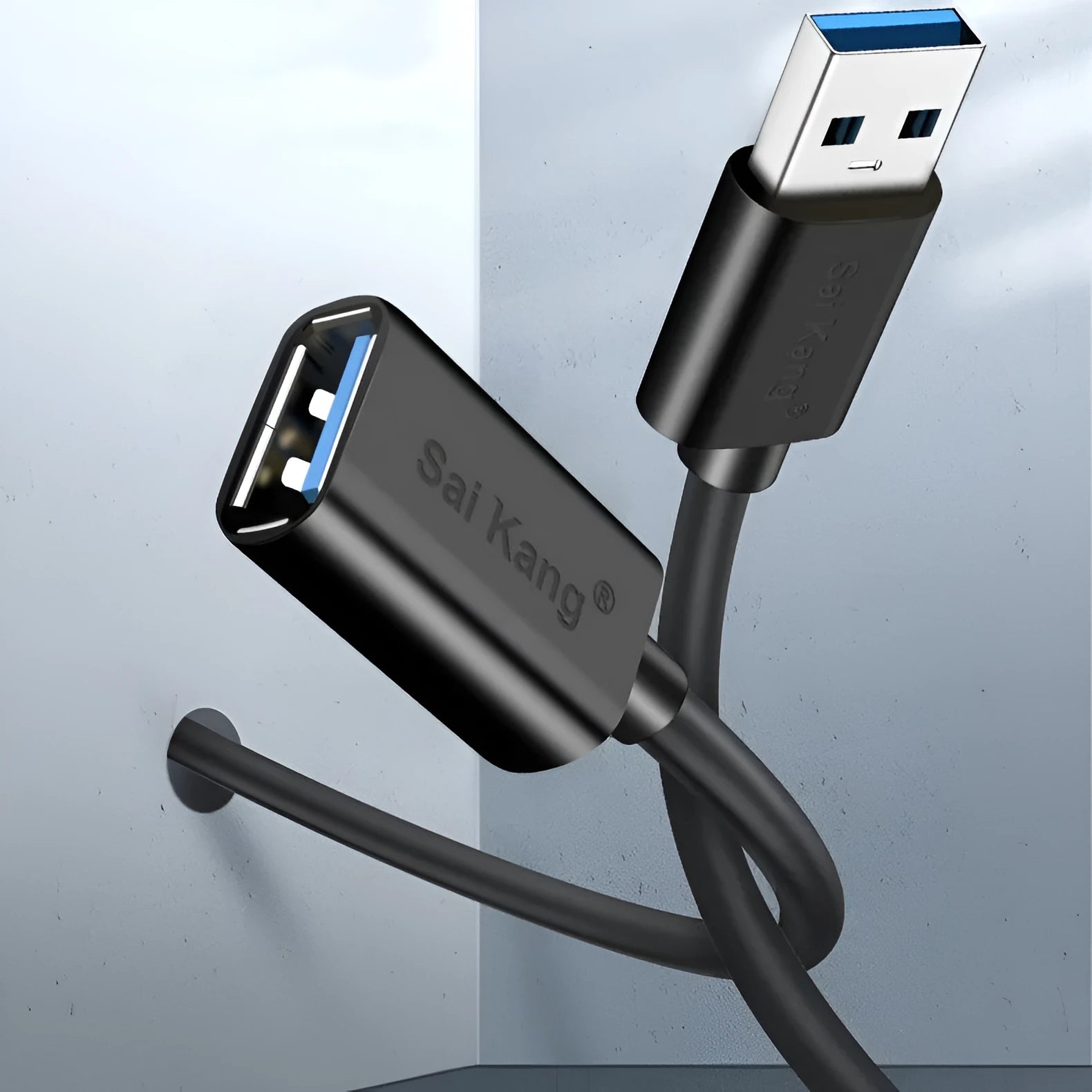 Black USB 3.0 and USB 2.0 male to female extension cable showing connector details.