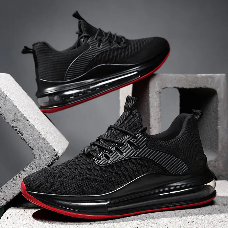 Men's low-top black mesh running shoes with white rubber sole and lace-up front.