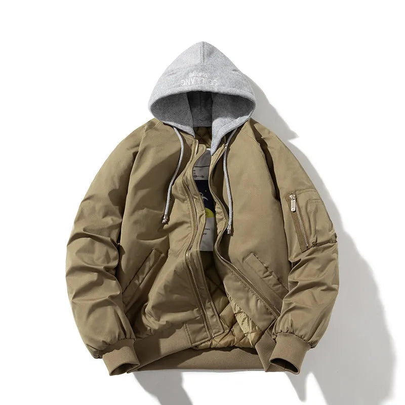 Men's loose-fitting pilot jacket in polyester blend available in sizes M through 5XL