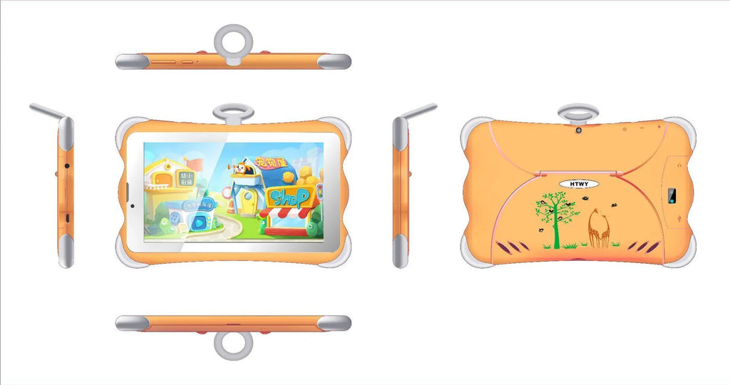 A 7-inch cartoon-coloured children's learning tablet positioned on its included stand, showing the IPS screen.