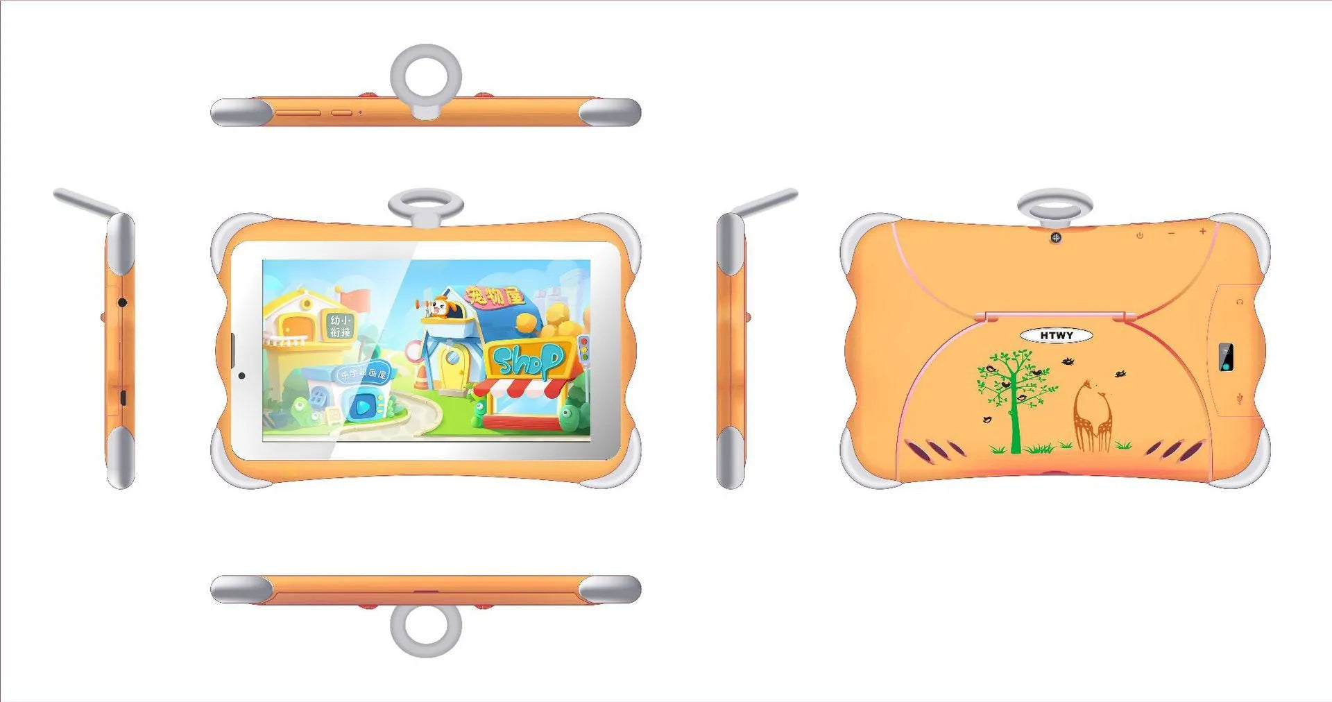 A 7-inch cartoon-coloured children's learning tablet positioned on its included stand, showing the IPS screen.