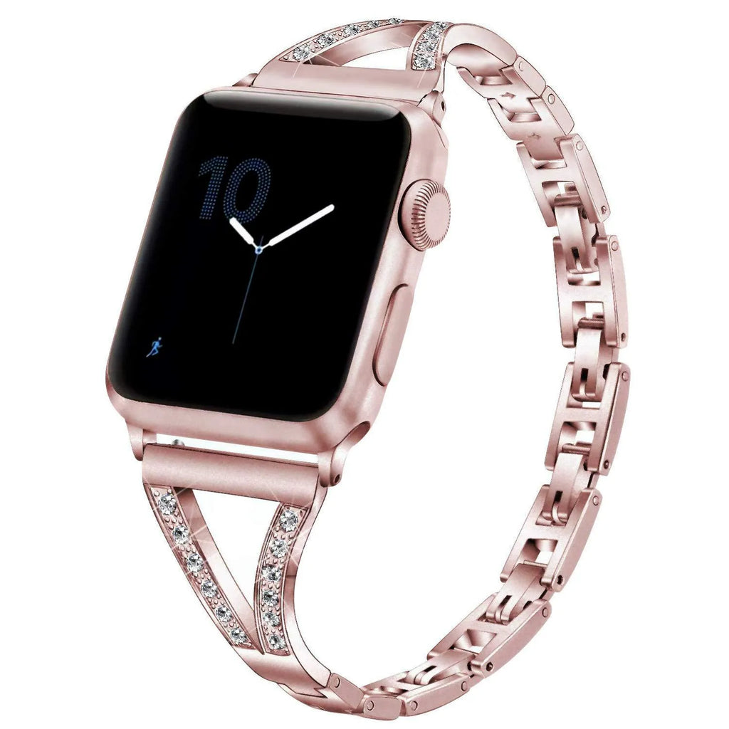 Zinc alloy Apple Watch strap with herringbone diamond pattern in silver, black, rose pink, or rose gold for Series 4/3/2/1.