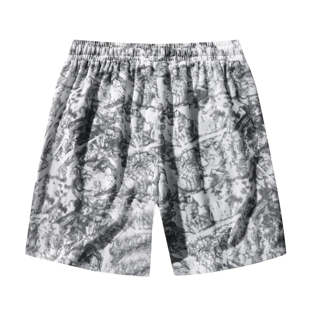 Men's corduroy camouflage shorts with high waist and straight leg cut in black, gray, and white colours