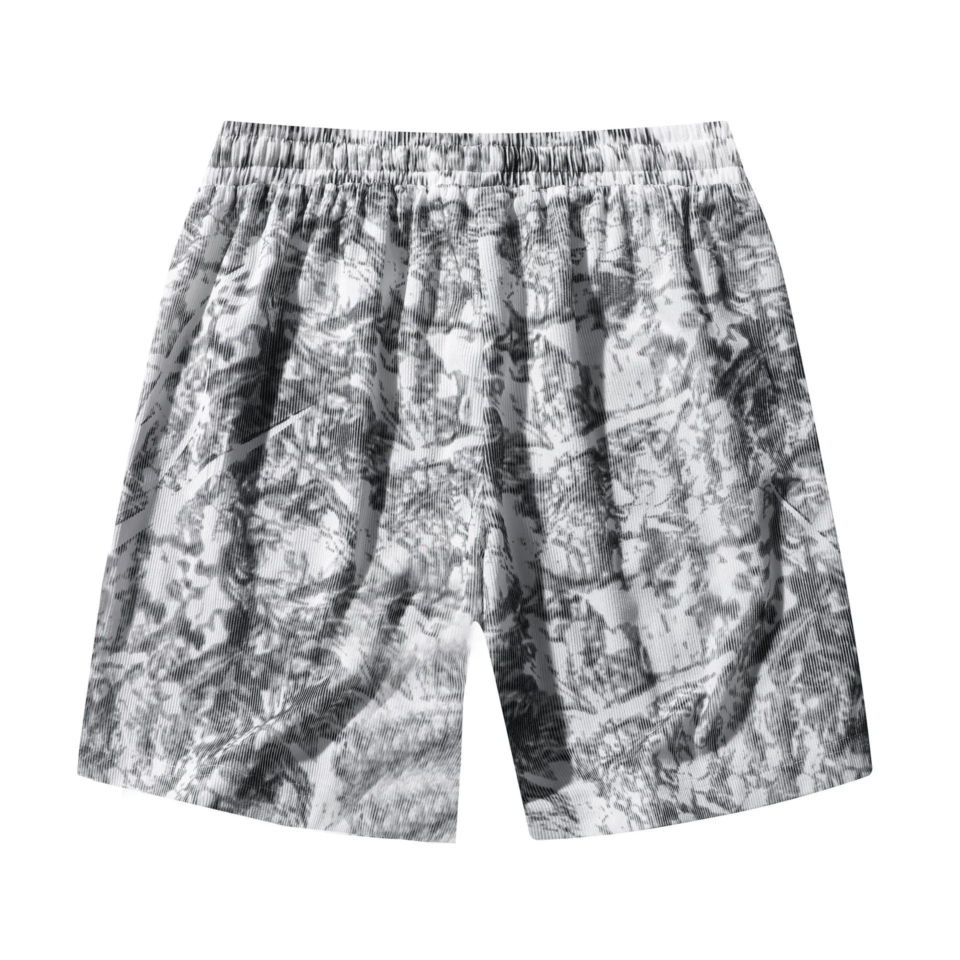 Men's corduroy camouflage shorts with high waist and straight leg cut in black, gray, and white colours