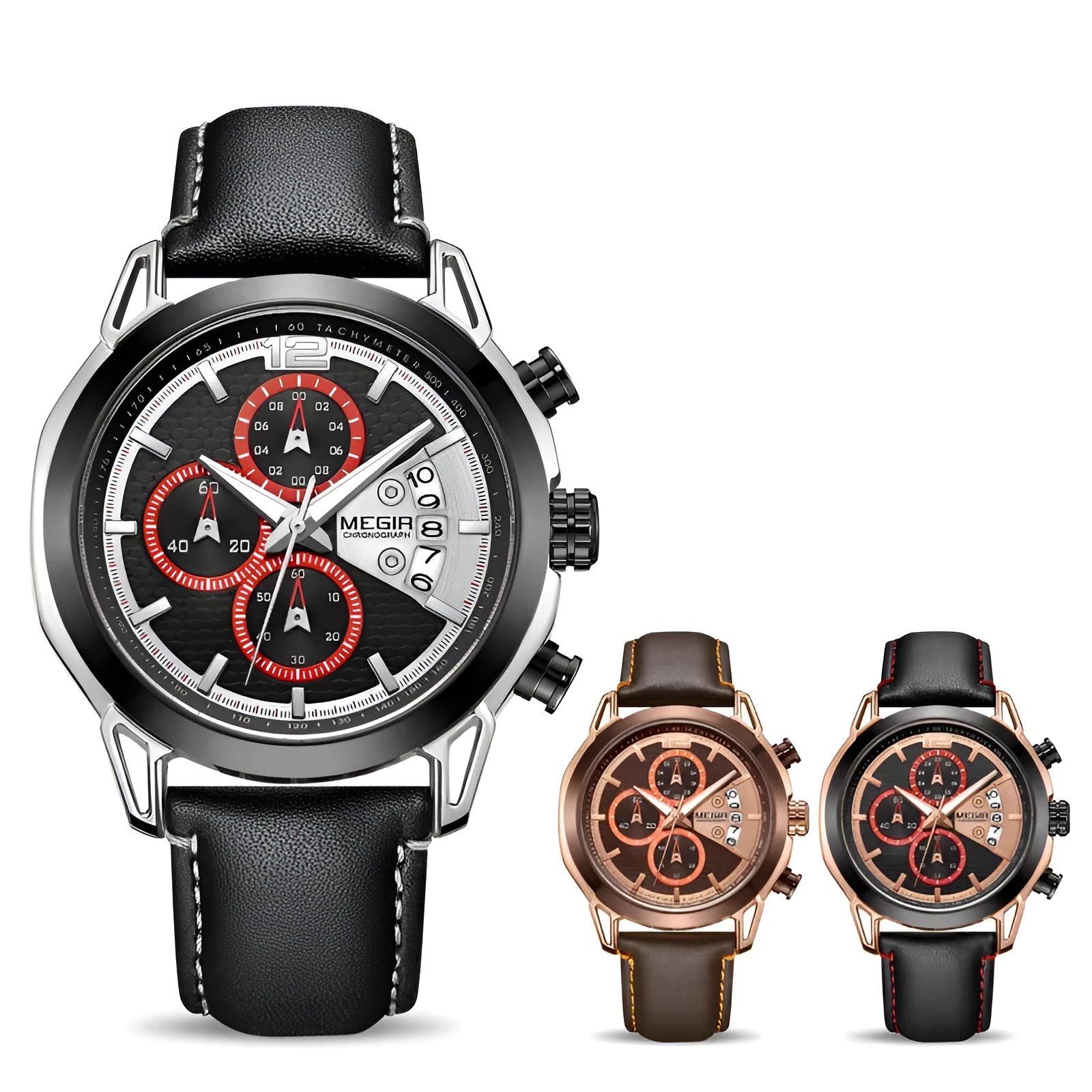 Men's black and brown waterproof luminous quartz watch with leather strap and alloy case.