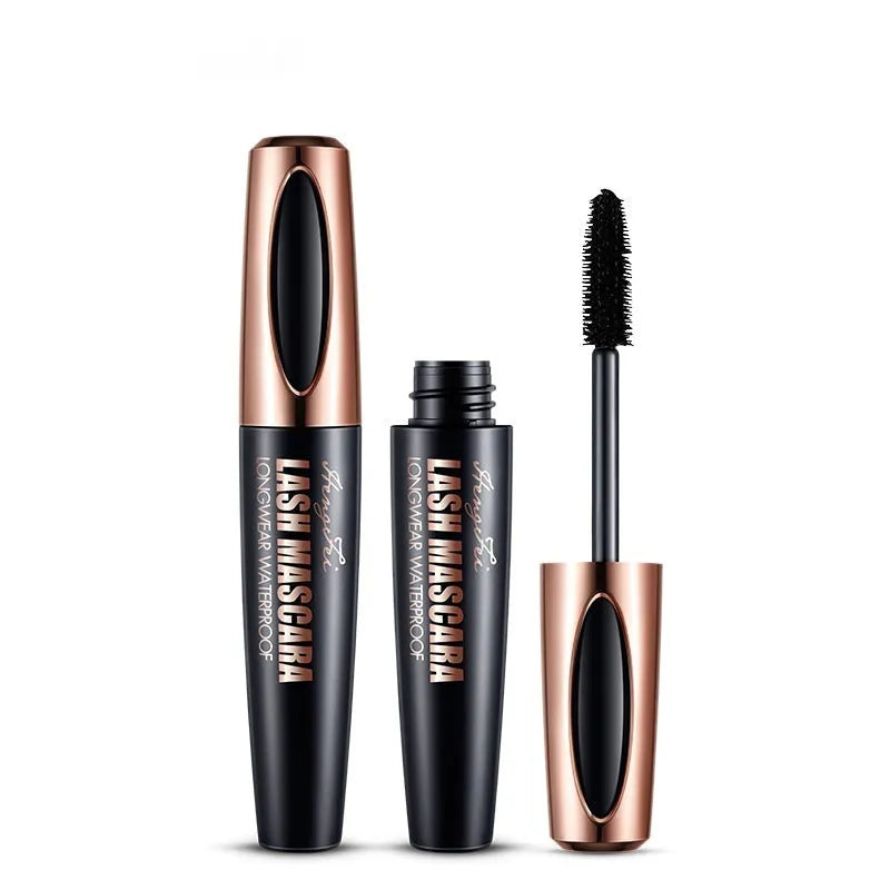 Black waterproof mascara tube with wand applicator for curling lashes and preventing smudging