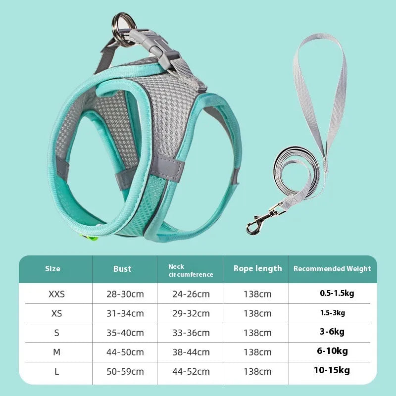 Reflective vest-style dog harness in breathable polyester with adjustable straps and rope leash