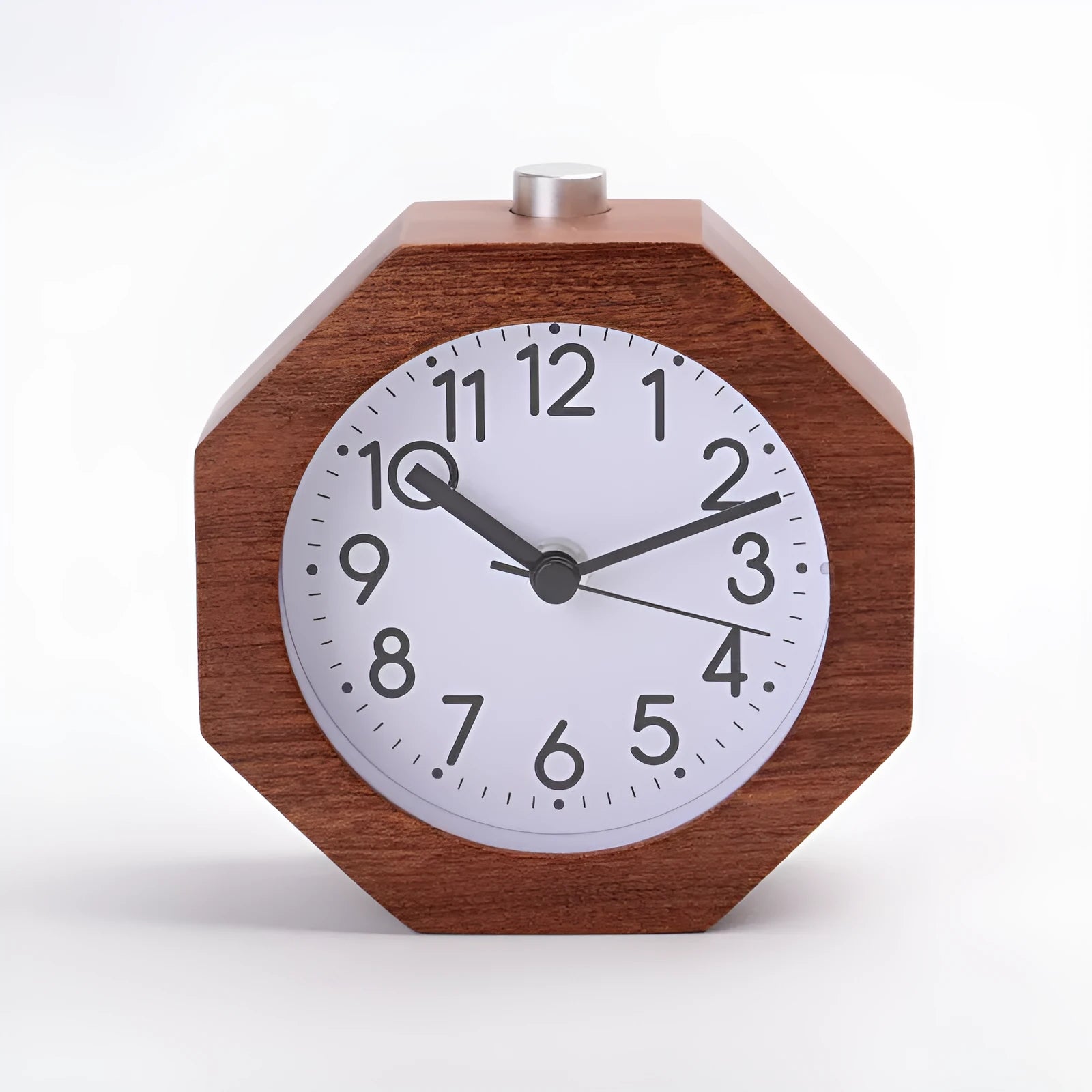 Polygonal beech wood luminous alarm clock with hexagonal shape in brown white finish on nightstand