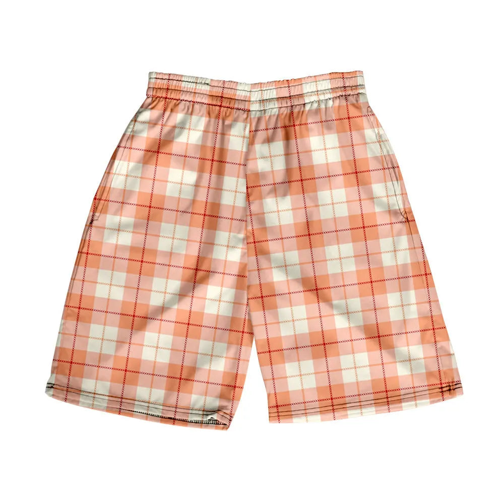 Men's straight-leg plaid shorts in polyester fabric with elastic waistband available in multiple solid colours