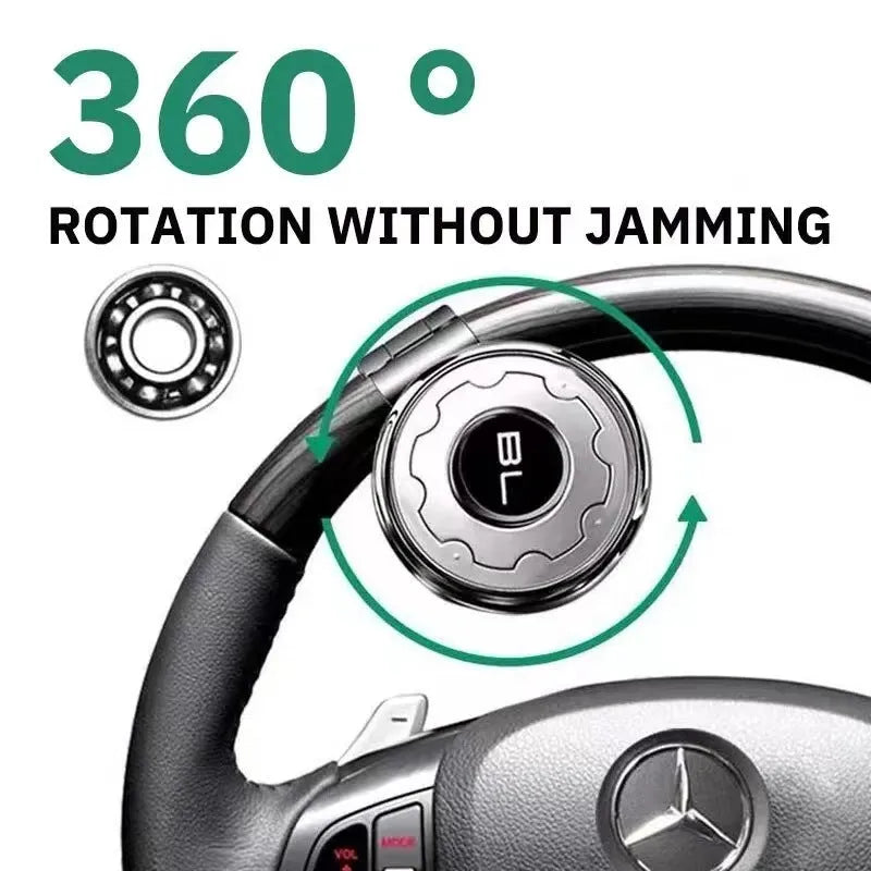 Universal metal steering wheel assist knob with steel ball bearing, shown in black, silver, carbon fibre, electroplating and wood grain colour options