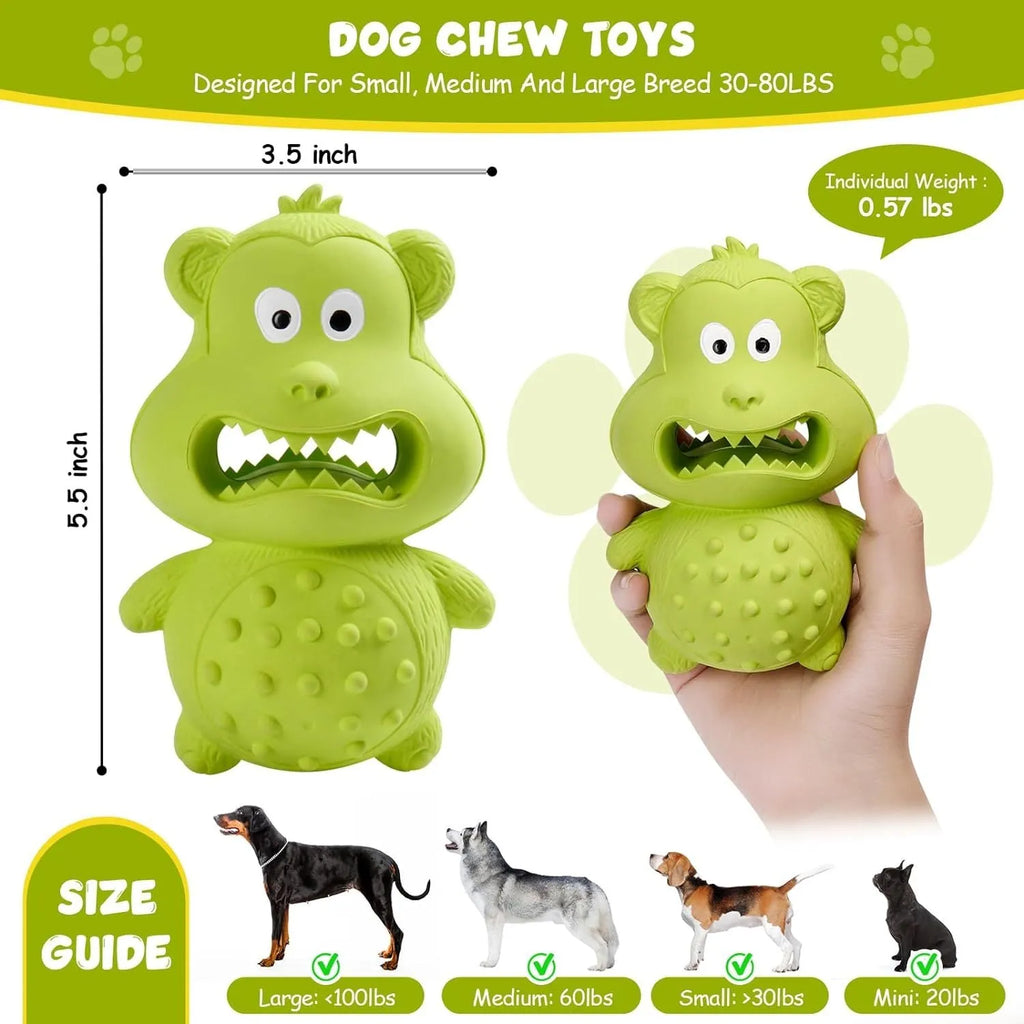 Green and yellow thick natural rubber squeaky dog chew toy for large breed aggressive chewers.