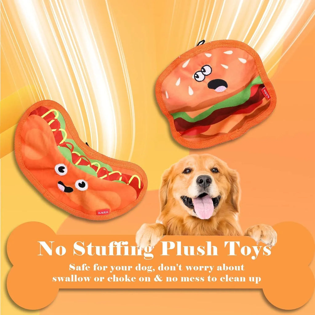 Colourful food-shaped dog toys including a burger, fries, hot dog, and pizza on a white background.
