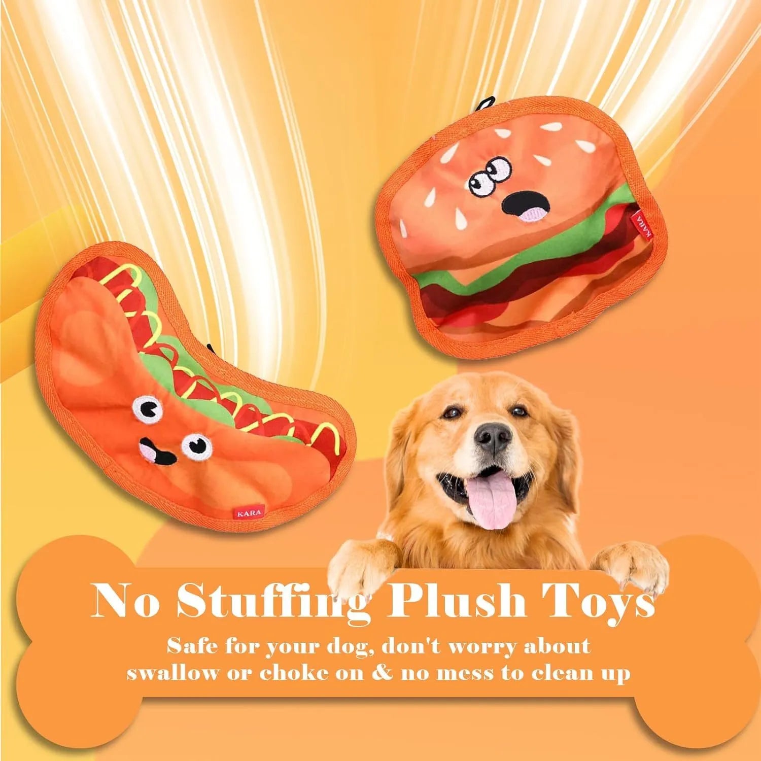 Colourful food-shaped dog toys including a burger, fries, hot dog, and pizza on a white background.
