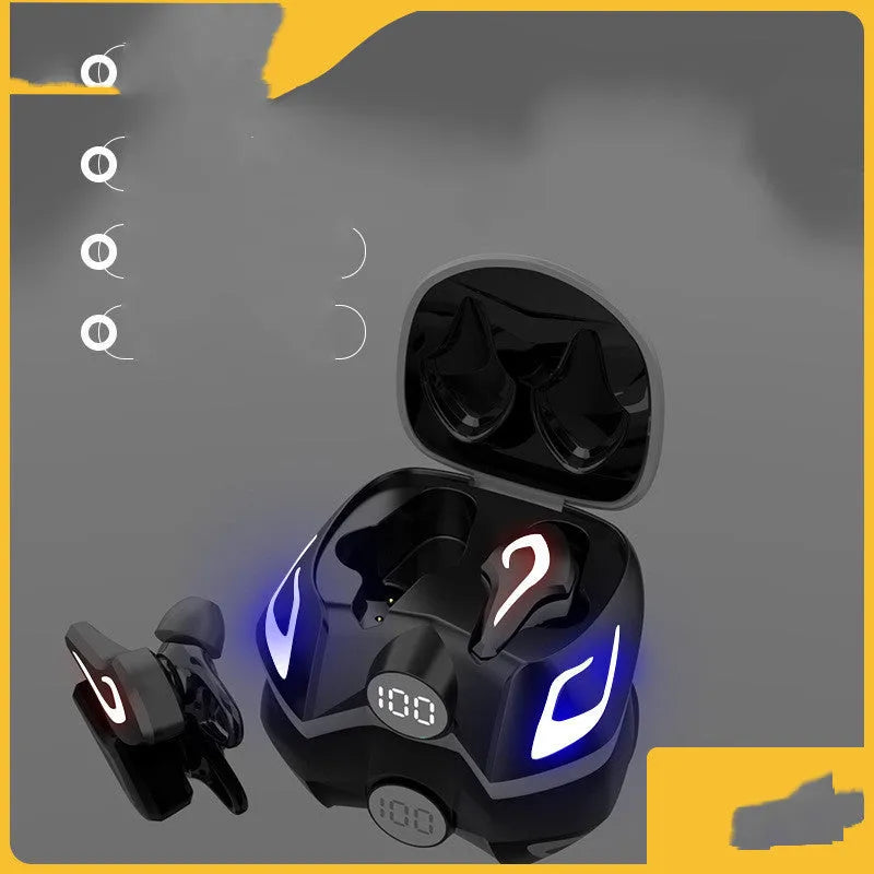 Black and grey in-ear Bluetooth gaming headset with silicone ear tips on a dark background.