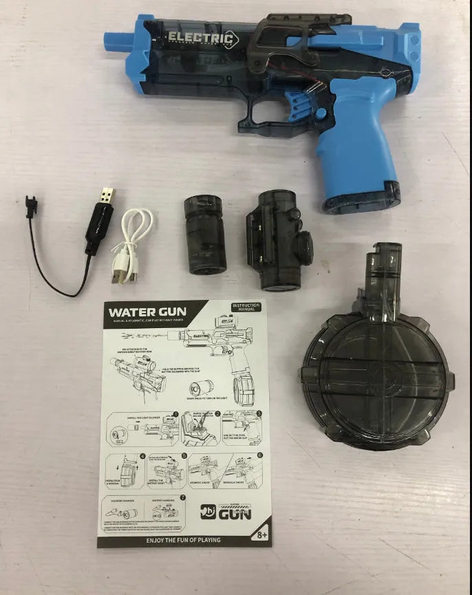 Electric water pistol in light version black or blue with automatic spray and USB charging cable
