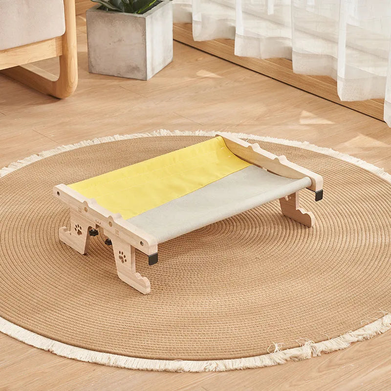 Wooden frame cat hanging bed hammock mounted on balcony railing