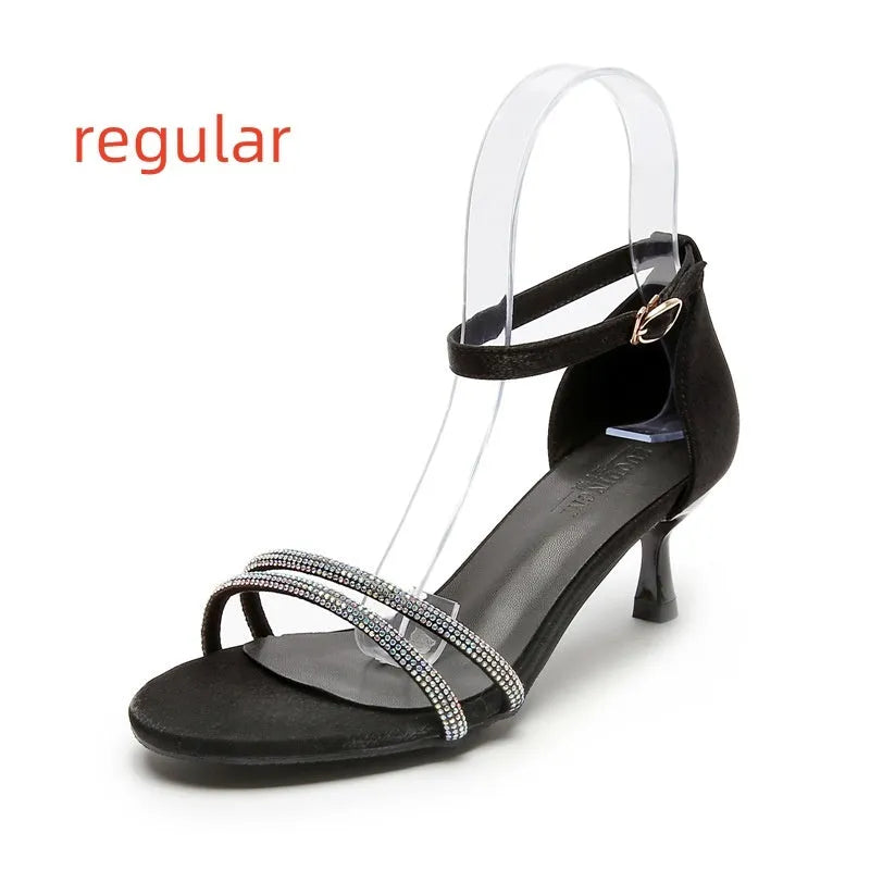 Women's satin high heel sandals round toe black 5cm heel size 35