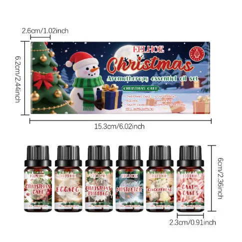 Box containing six small glass bottles of Christmas-themed aromatherapy oils.