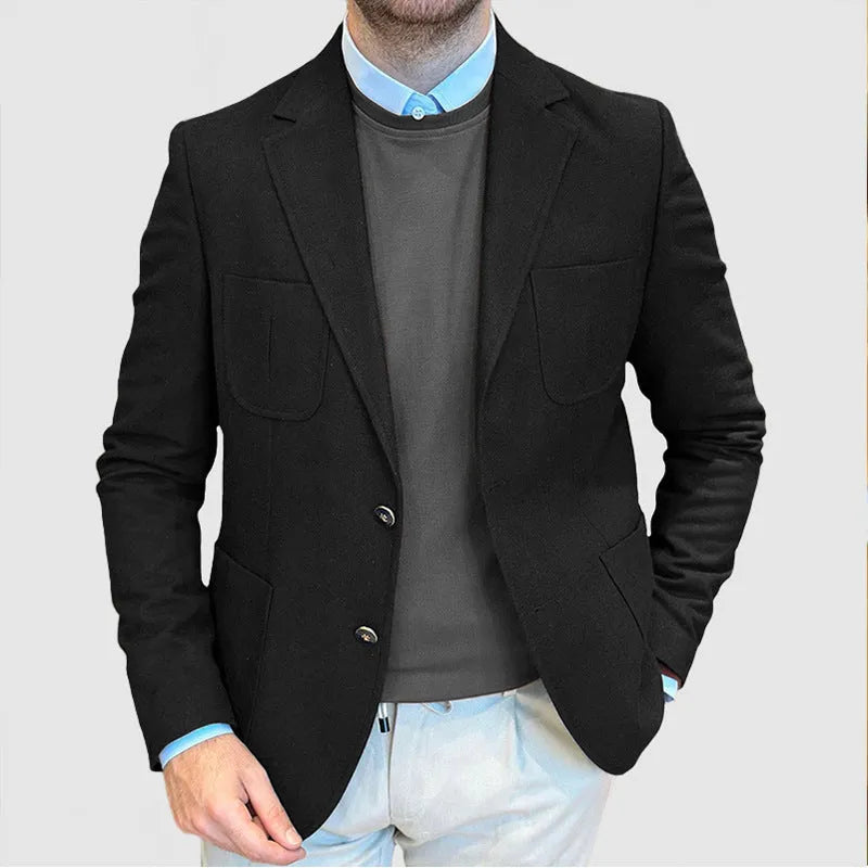 Man wearing a loose-fit army green cotton retro suit jacket, showing front and side details.