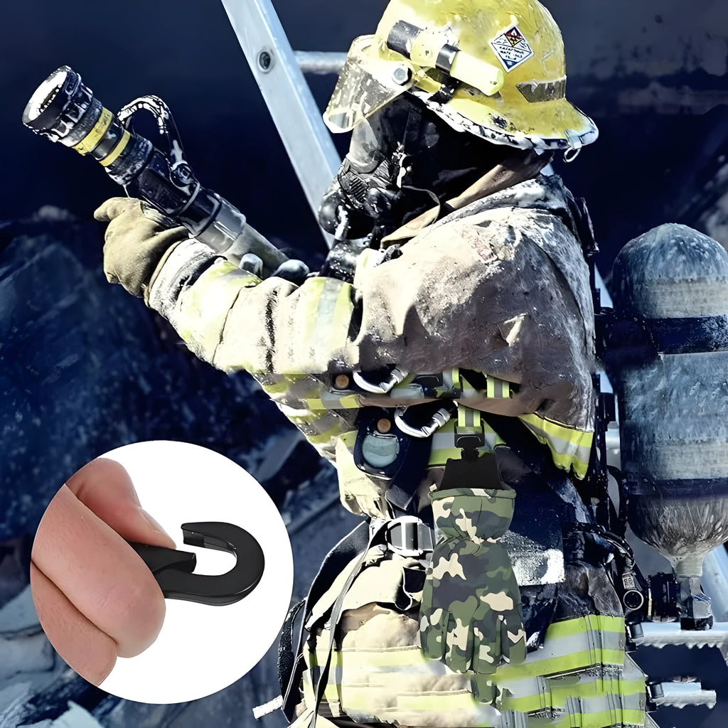 Fluorescent green universal safety clip with a metal buckle for fireman gloves and industrial equipment.