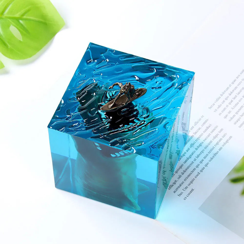 Crystal clear epoxy resin shark surfer night light ornament in 5cm and 8cm sizes