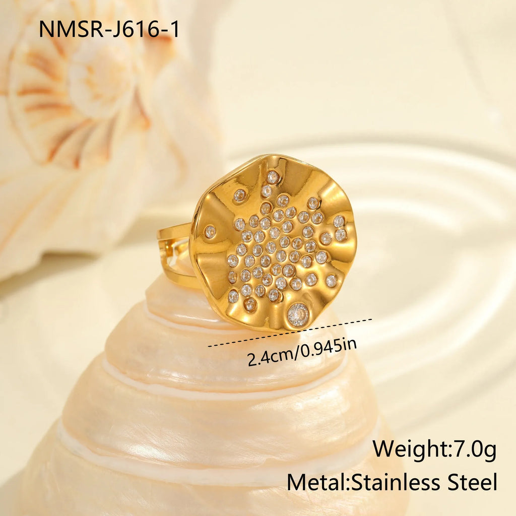 Geometric titanium steel ring with pleated colour diamond detailing and open mouth adjustable design